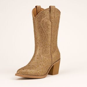 Women’s Rhinestone Western Boots Size 6.5 • Brown Gold Bling Cowgirl Glam